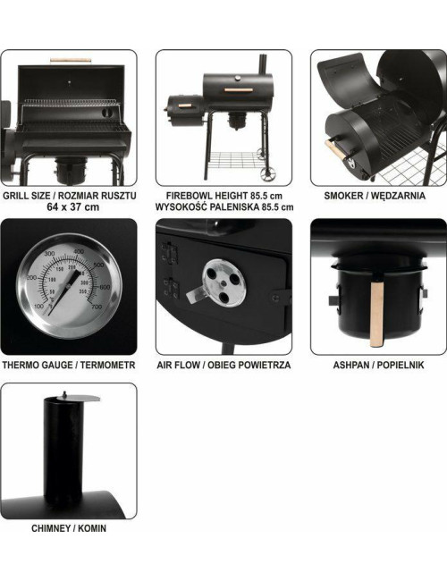 LUND GRILL WĘGLOWY Z WĘDZARNIĄ XXL 64x37 cm