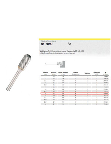 KLINGSPOR FREZ DO METALU HF 100 C FI=6,0x18mm TRZPIEŃ 6mm TYP WRC, WALCOWO-KULISTY