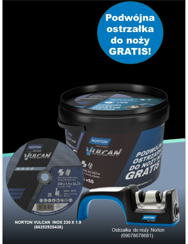 NORTON TARCZA.VULCAN 230 x1,9 WIADERKO 50 szt. A46S DO METALU+OSTRZAŁKA DO NOŻY