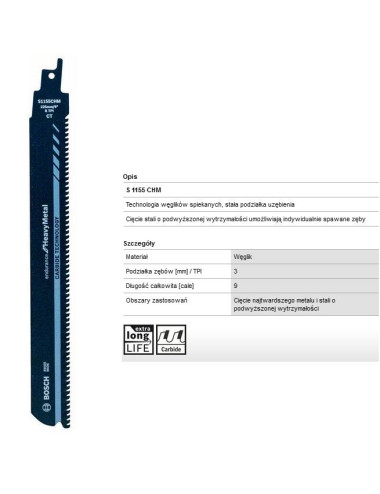 BOSCH BRZESZCZOT DO PIŁY SZABLASTEJ HEAVY METAL S1155CH 225mm METAL, CARBIDE