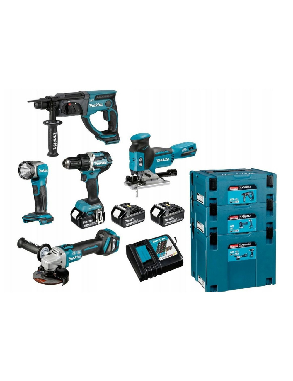 MAKITA ZESTAW COMBO 18V (DDF484+DGA513+DHR202+DML802+DJV181) 3x5,0Ah 3xMAKPAC DLX5044TJ