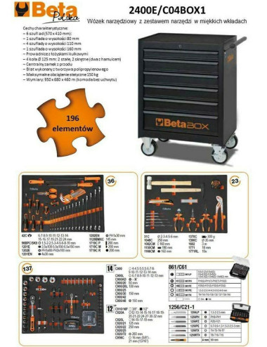 BETA WÓZEK NARZĘDZIOWY 7-SZUFLAD CZARNY2400E C04BOX1 196 ELEMENTÓW