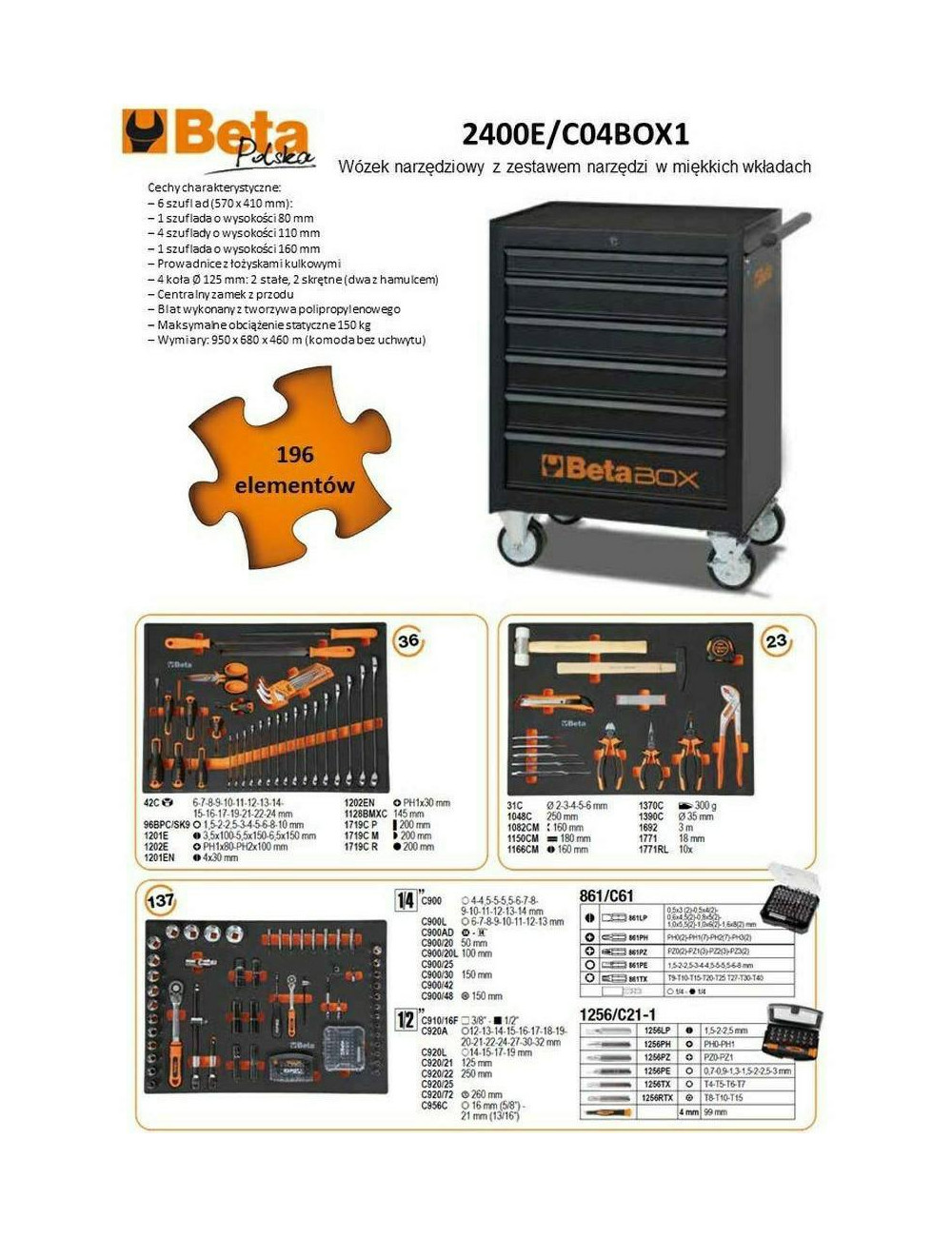 BETA WÓZEK NARZĘDZIOWY 7-SZUFLAD CZARNY2400E C04BOX1 196 ELEMENTÓW