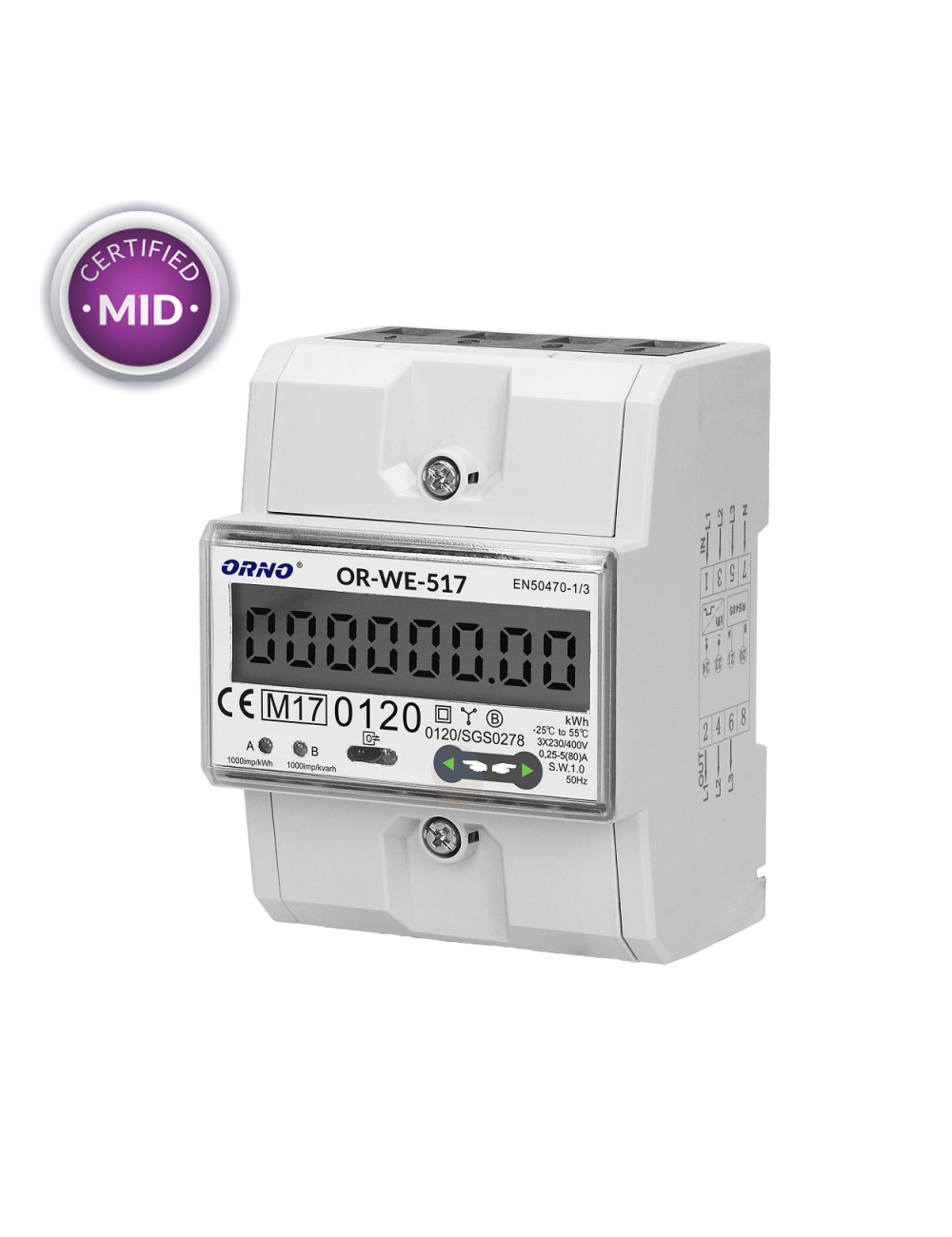 OR-WE-517 Licznik energii trójfazowy wielotaryfowy z portem RS485 MID 80A ORNO