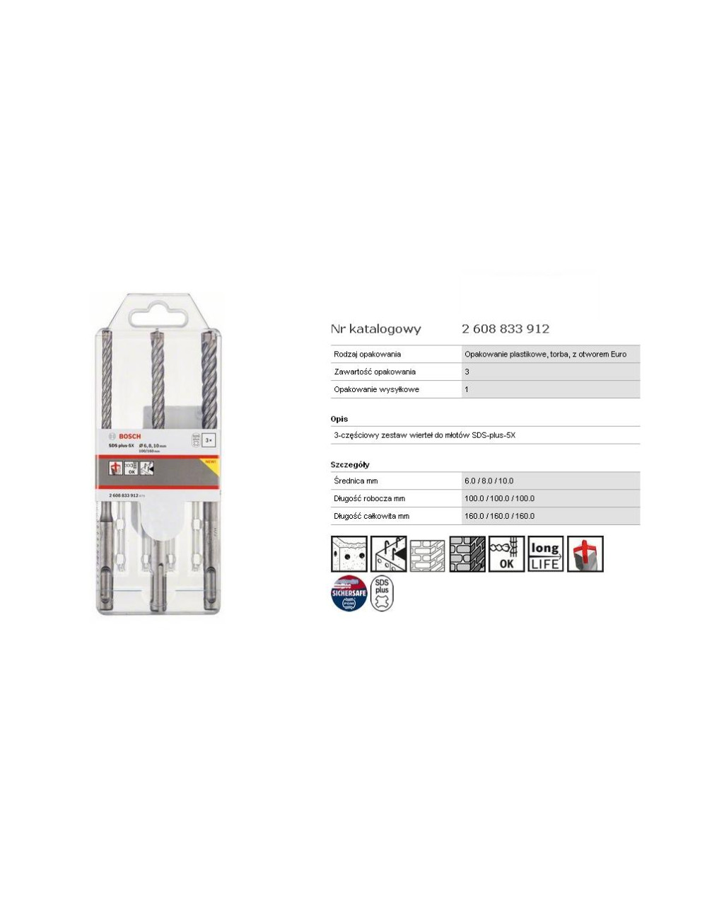 BOSCH WIERTŁO SDS PLUS-5X KOMPLET 3szt. 6 8 10x160mm