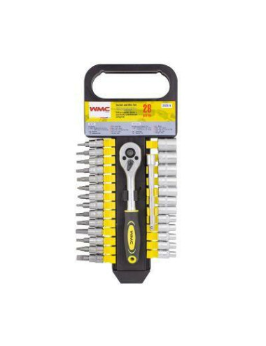 Zestaw nasadek i bitów 1/4" 28 elementów grzechotka z uchwytem WMC TOOLS WMC20285