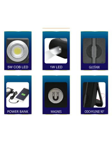 LATARKA LED AUDIO Z GŁOŚNIKIEM BLUETOOTH I POWERBANKIEM 4 W 1