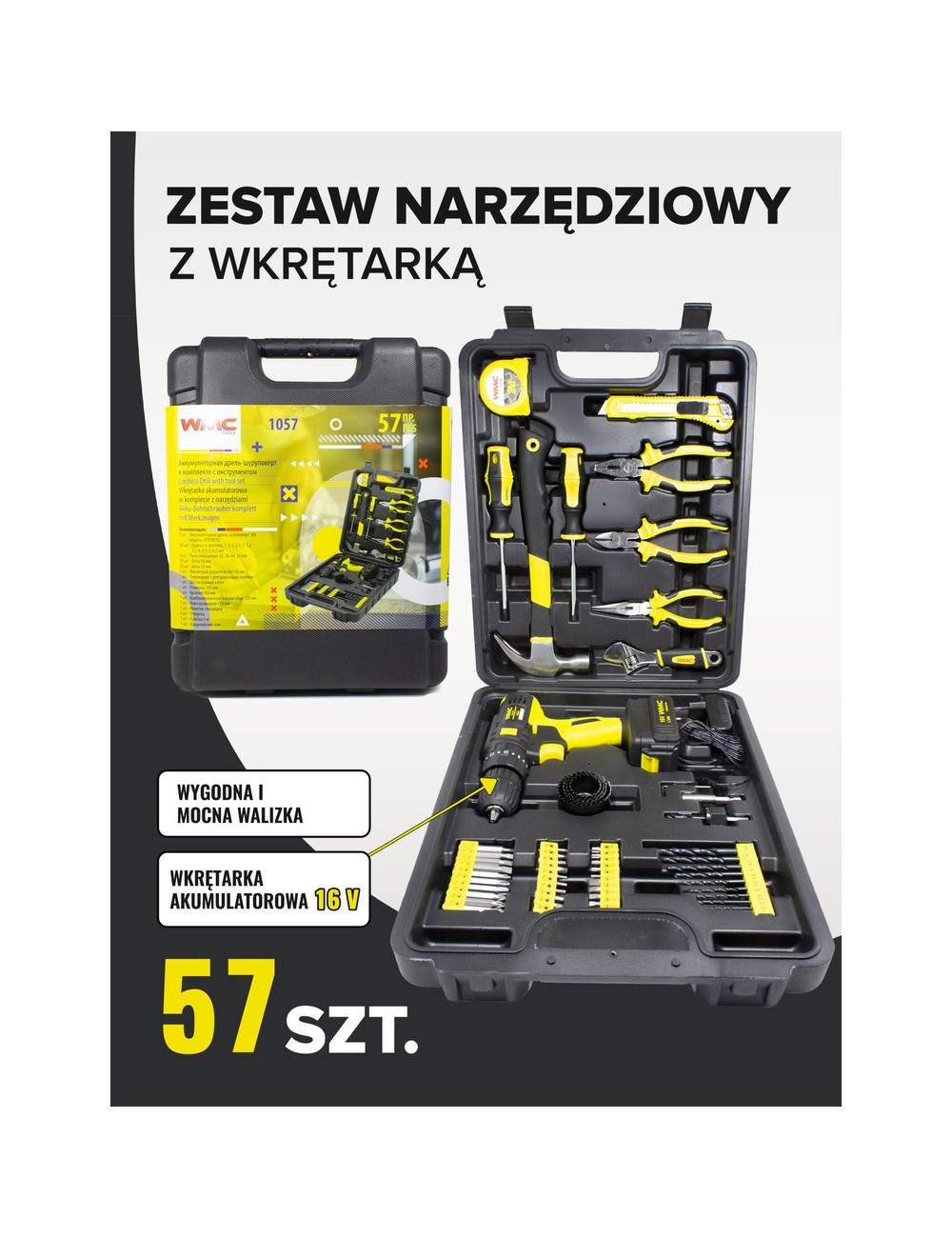 ZESTAW NARZĘDZIOWY 57el. Z WKRĘTARKĄ WMC