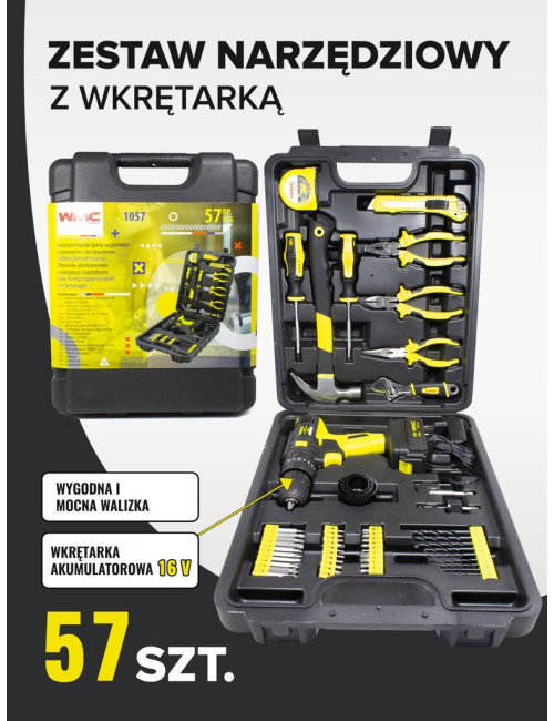 ZESTAW NARZĘDZIOWY 57el. Z WKRĘTARKĄ WMC