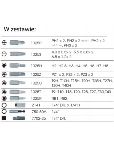 ZESTAW BITÓW 1/4" 49cz. KING TONY Z UCHWYTEM 2141 + 750-50A, PŁASKIE, PH, PZ, HEX, TORX Z OTWOREM, KWADRAT