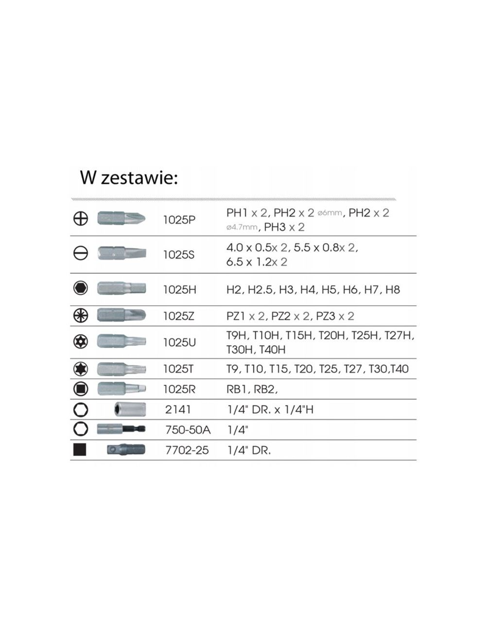 ZESTAW BITÓW 1/4" 49cz. KING TONY Z UCHWYTEM 2141 + 750-50A, PŁASKIE, PH, PZ, HEX, TORX Z OTWOREM, KWADRAT