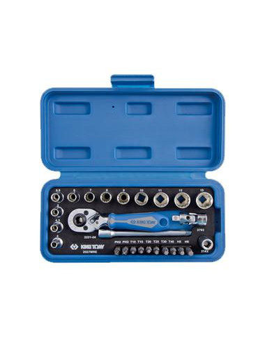 KING TONY ZESTAW NARZĘDZI 1/4" 27cz. NASADKI KRÓTKIE, 12-kąt. 4 - 14mm Z GRZECHOTKĄ I AKCESORIAMI