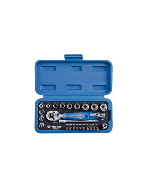 KING TONY ZESTAW NARZĘDZI 1/4" 27cz. NASADKI KRÓTKIE, 12-kąt. 4 - 14mm Z GRZECHOTKĄ I AKCESORIAMI