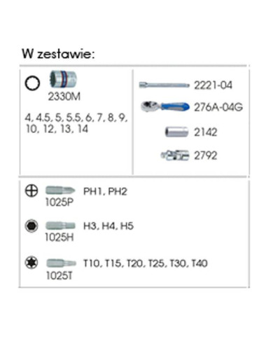KING TONY ZESTAW NARZĘDZI 1/4" 27cz. NASADKI KRÓTKIE, 12-kąt. 4 - 14mm Z GRZECHOTKĄ I AKCESORIAMI