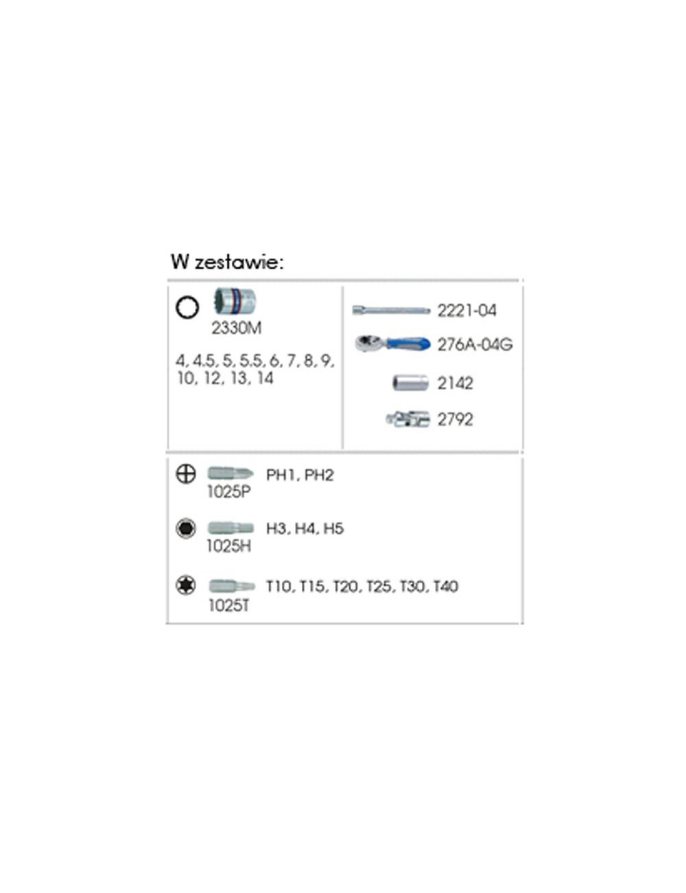 KING TONY ZESTAW NARZĘDZI 1/4" 27cz. NASADKI KRÓTKIE, 12-kąt. 4 - 14mm Z GRZECHOTKĄ I AKCESORIAMI