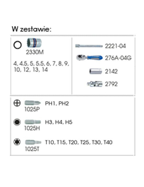 KING TONY ZESTAW NARZĘDZI 1/4" 27cz. NASADKI KRÓTKIE, 12-kąt. 4 - 14mm Z GRZECHOTKĄ I AKCESORIAMI