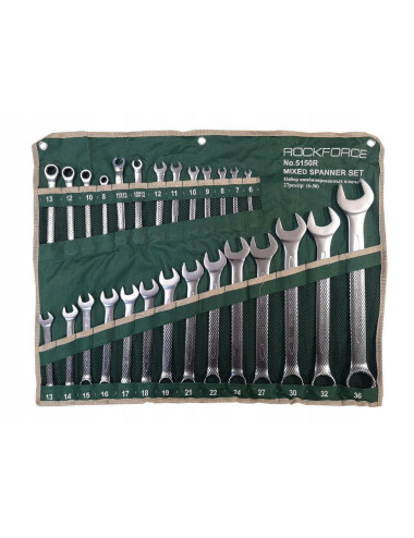 ROCKFORCE KLUCZ PŁASKO-OCZKOWY KOMPLET 27el. (6-36mm) W TYM 4 Z GRZECHOTKĄ