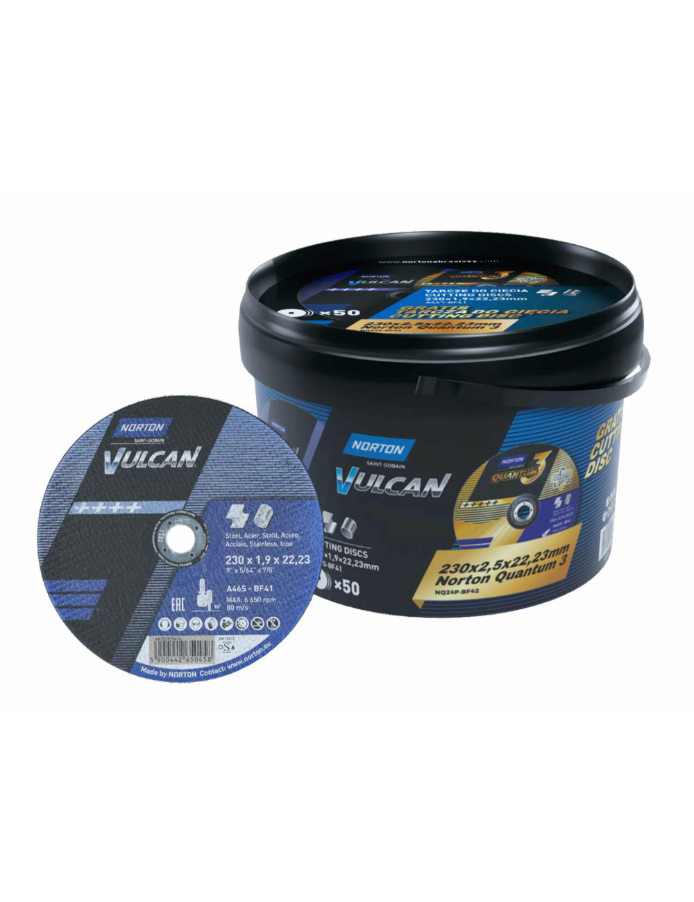 NORTON TARCZA.VULCAN 230 x 1,9 WIADERKO 50 szt. A46S DO METALU+2 TARCZE GRATIS