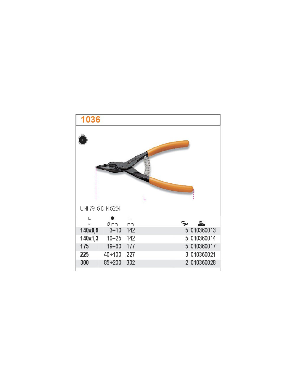 BETA SZCZYPCE DO PIERŚCIENI ZABEZPIECZAJĄCYCH ZEWNĘTRZNYCH, PROSTE 1036 140 x 0.9mm