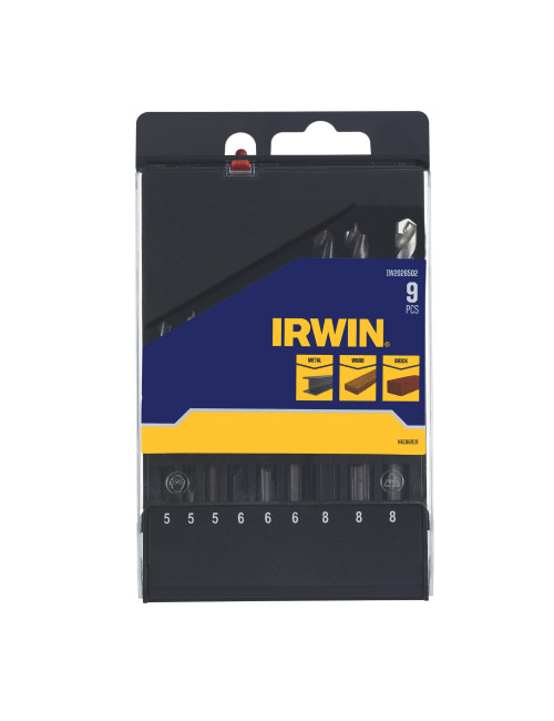IRWIN WIERTEŁA HSS KOMPLET 9cz. DO DREWNA (5-6-8mm), MURU (5-6-8mm) I METALU (5-6-8mm) W KASECIE