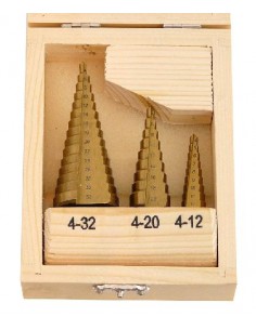 GEKO WIERTŁO STOPNIOWE 3-elem. 4-32mm, W PUDEŁKU DREWNIANYM