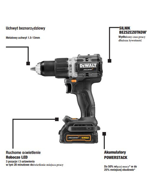 DEWALT WKRĘTARKA UDAROWA 18V DCD85ME2GT 90Nm 1x1,7Ah POWERSTACK GNF BL TSTAK MCLAREN