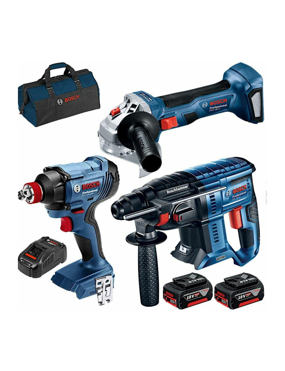 BOSCH ZESTAW 18V GBH 180-LI + GWS 180-LI + GDX 180-LI 2x5,0Ah