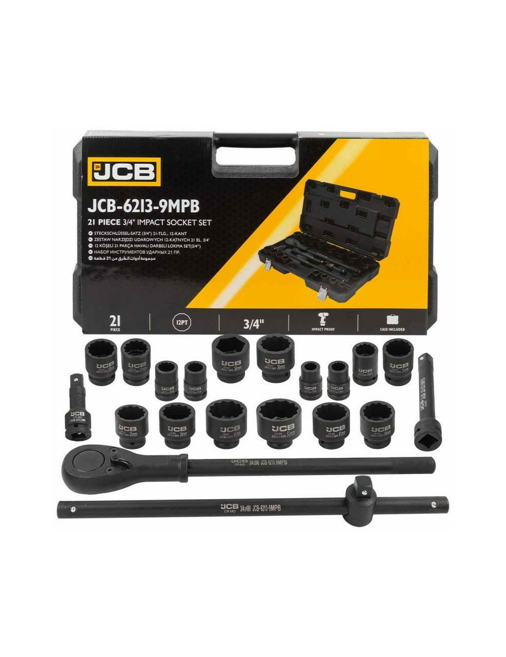 JCB ZESTAW KLUCZY UDAROWYCH 21el. 3/4" 12KĄT. (17-50mm)