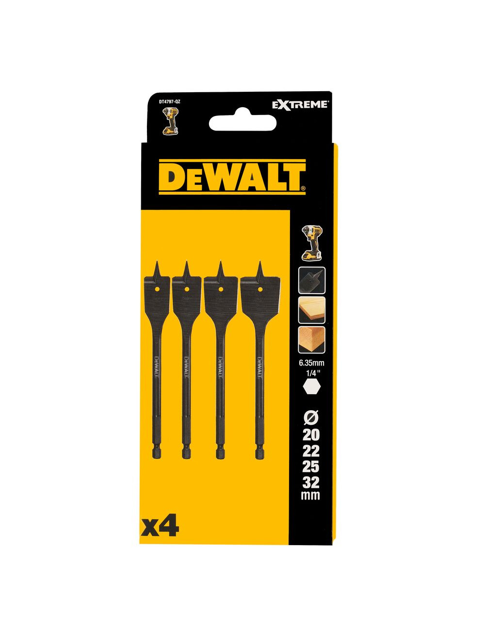 DEWALT WIERTŁO ŁOPATKOWE UDAROWE KOMPLET 4szt. 20, 22, 25, 32mm HEX 1/4" DT4797-QZ