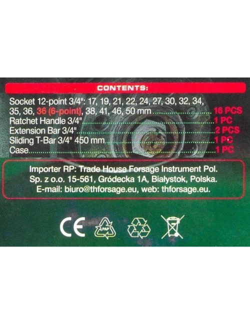 ROCKFORCE ZESTAW KLUCZY UDAROWYCH 21el. 3/4" 12KĄT. 17-50mm