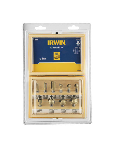 IRWIN FREZY KSZTAŁTOWE 10cz. DO DREWNA TCT DO FREZARKI GÓRNOWRZECIONOWEJ, UCHWYT MOCUJĄCY 8mm