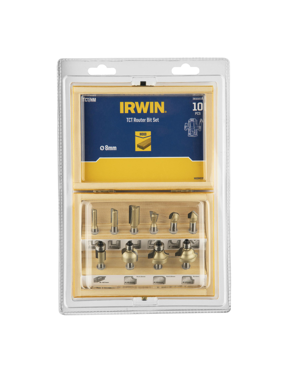 IRWIN FREZY KSZTAŁTOWE 10cz. DO DREWNA TCT DO FREZARKI GÓRNOWRZECIONOWEJ, UCHWYT MOCUJĄCY 8mm