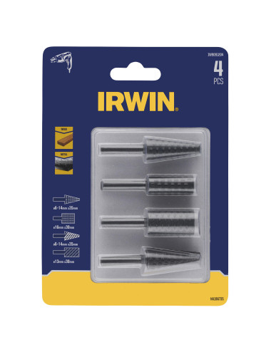 IRWIN TARNIKI TRZPIENIOWE DO METALU KOMPLET 4cz. :STOŻKOWY 6-14 x 35mm, WALCOWY 13 x 30mm, 16 x 30mm,