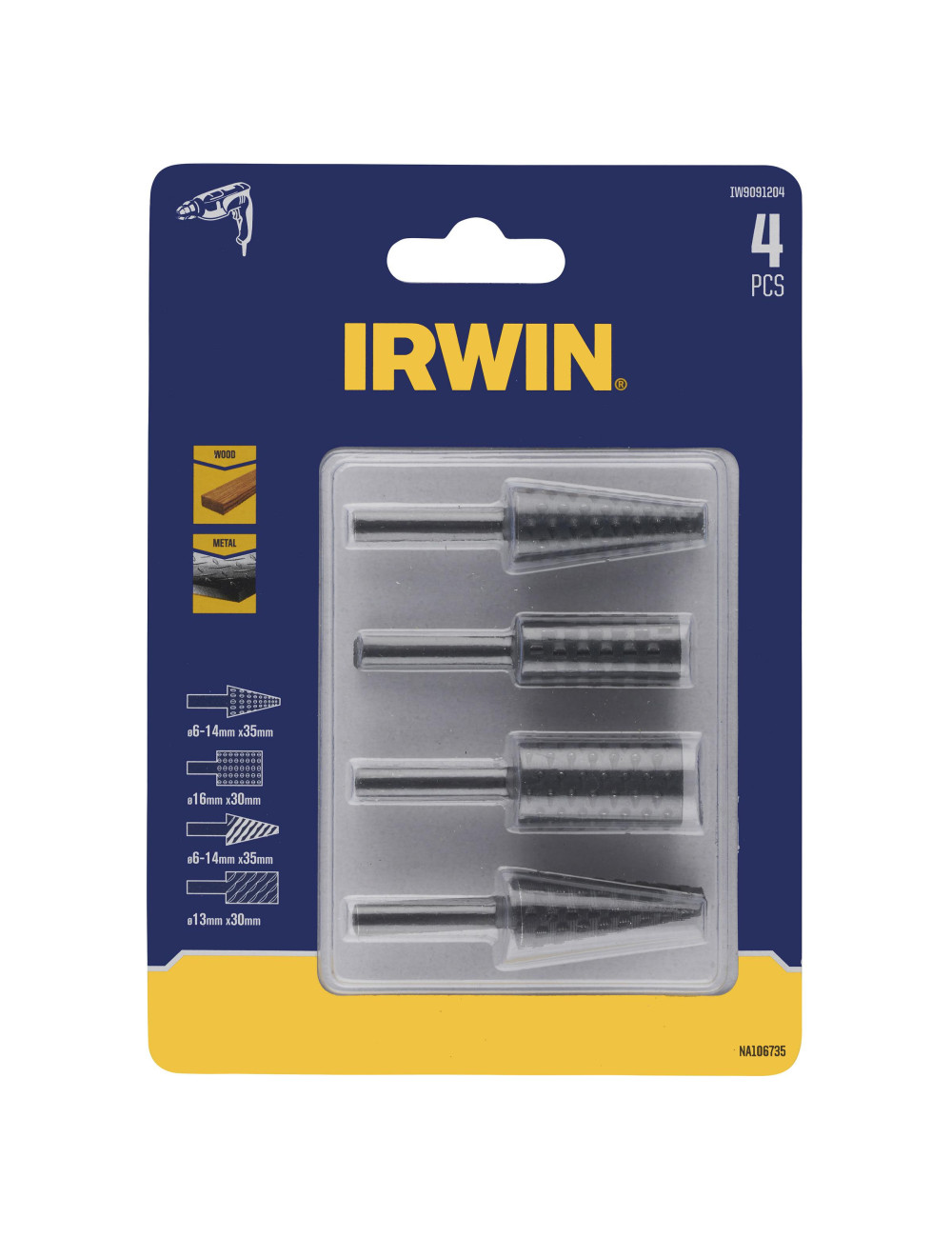 IRWIN TARNIKI TRZPIENIOWE DO METALU KOMPLET 4cz. :STOŻKOWY 6-14 x 35mm, WALCOWY 13 x 30mm, 16 x 30mm,