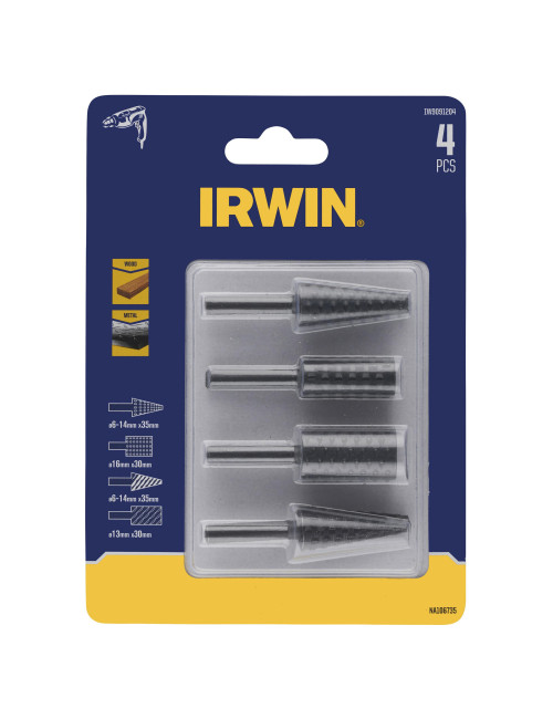 IRWIN TARNIKI TRZPIENIOWE DO METALU KOMPLET 4cz. :STOŻKOWY 6-14 x 35mm, WALCOWY 13 x 30mm, 16 x 30mm,