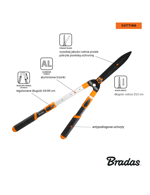 BRADAS NOŻYCE DO ŻYWOPŁOTU V-SERIES OSTRZE PROSTE TELESKOPOWE ALUMINIOWE