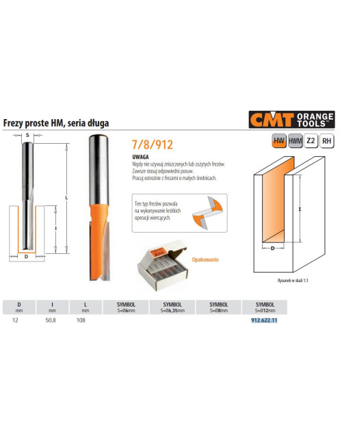 CMT FREZ PROSTY DŁUGI HM D=12 I=50,8 L=108 S=12