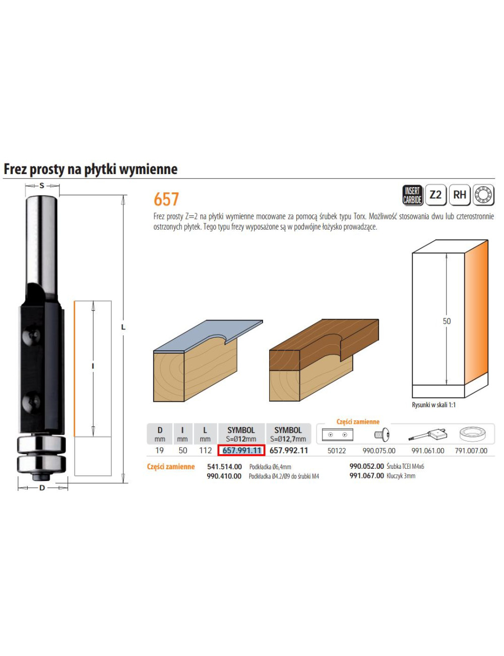 CMT FREZ NA PŁYTKI WYMIENNE Z ŁOŻYSKIEM HM D=19 I=50 L=112 S=12