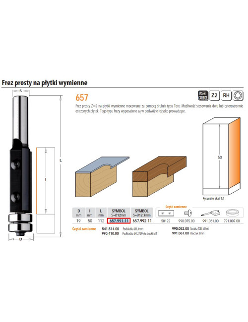 CMT FREZ NA PŁYTKI WYMIENNE Z ŁOŻYSKIEM HM D=19 I=50 L=112 S=12