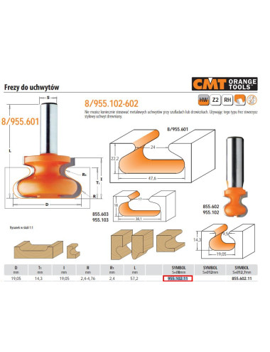 CMT FREZ KSZTAŁTOWY DO UCHWYTÓW DREWNIANYCH HM D=19,05 I=19,05 T=14,3 S=8 R=2,4-4,76