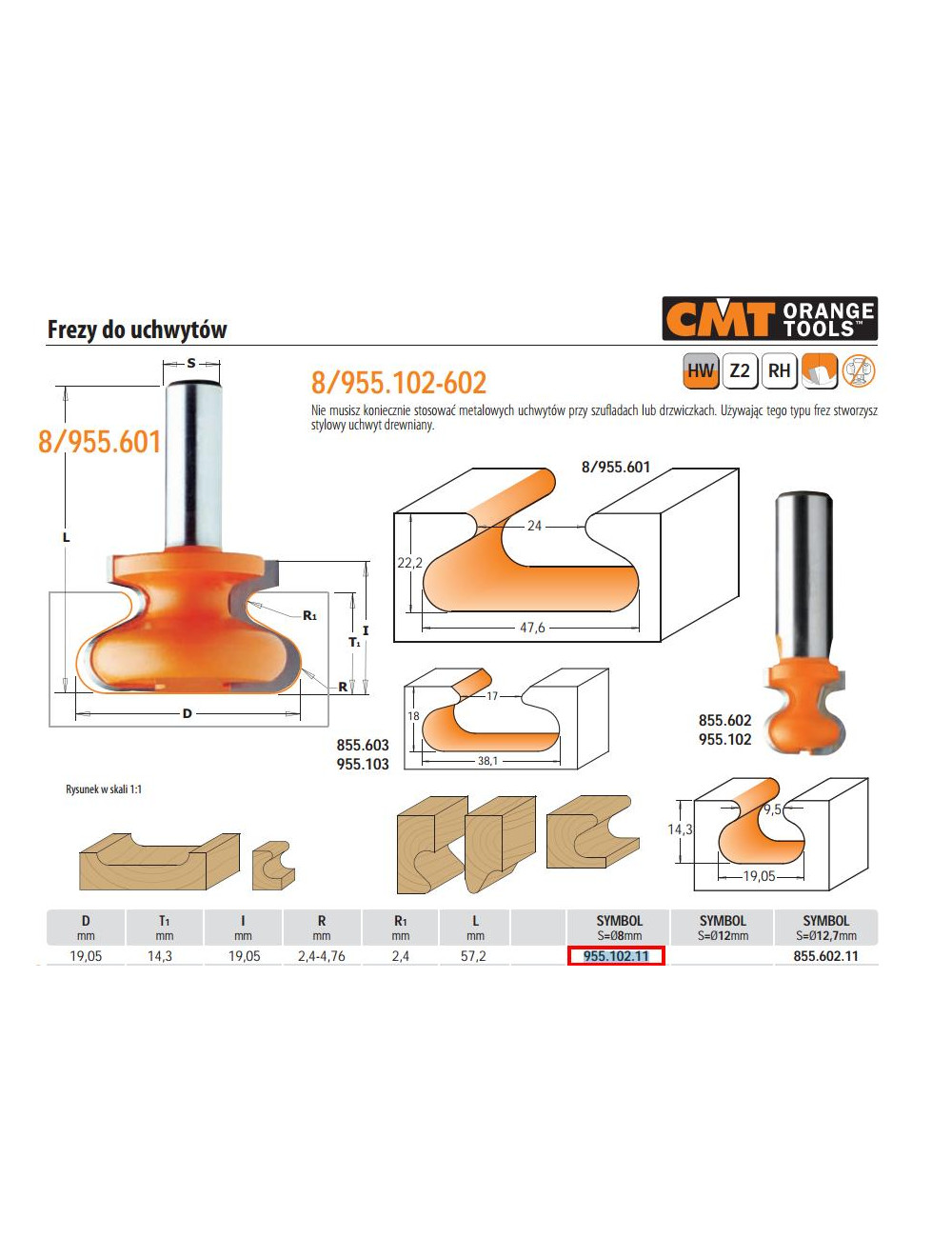 CMT FREZ KSZTAŁTOWY DO UCHWYTÓW DREWNIANYCH HM D=19,05 I=19,05 T=14,3 S=8 R=2,4-4,76