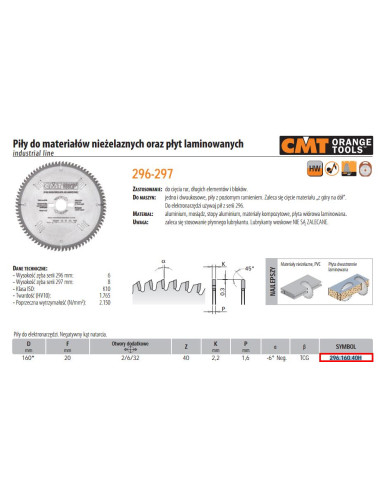 CMT PIŁA DO CIĘCIA MATERIAŁÓW NIEŻELAZNYCH,PCV ORAZ PŁYT LAMINOWANYCH HW D=160 F=20 Z=40 K=2,2 1,6