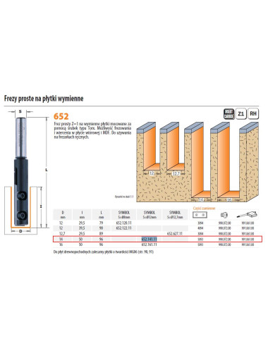 FREZ PROSTY HM D=14 I=50 L=95,7 S=12 Z=1, PŁYTKI WYMIENNE