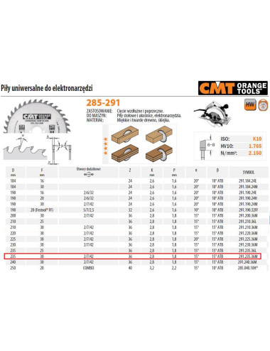 PIŁA UNIWERSALNA, DO CIĘCIA WZDŁUŻNEGO I POPRZECZNEGO HM D=235 F=30 Z=36N K=2,8 1,8