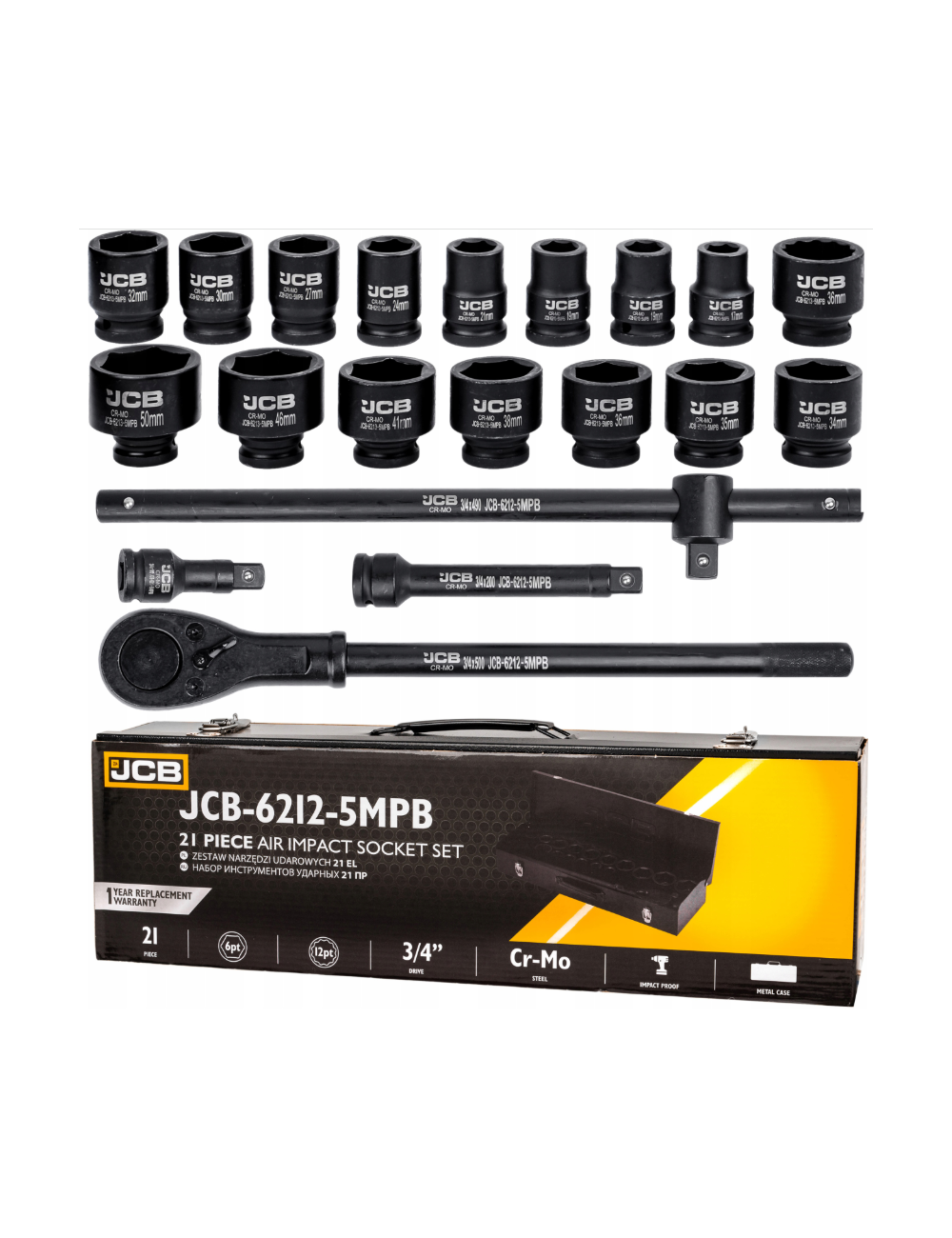 JCB NASADKI UDAROWE KOMPLET 21el.3/4" 6-KĄT. (17-50mm)