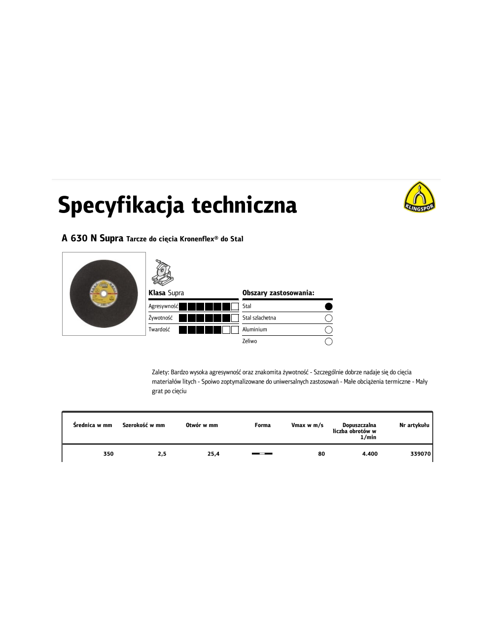 KLINGSPOR TARCZA DO CIĘCIA METALU 350mm x 2,5mm x 25,4mm A630N Supra