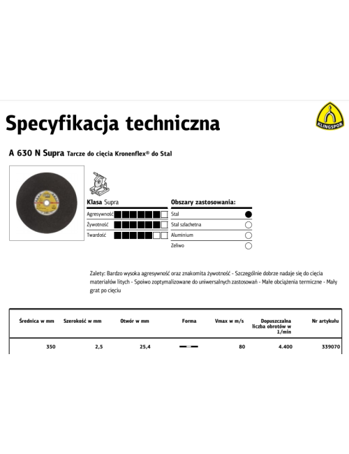 KLINGSPOR TARCZA DO CIĘCIA METALU 350mm x 2,5mm x 25,4mm A630N Supra