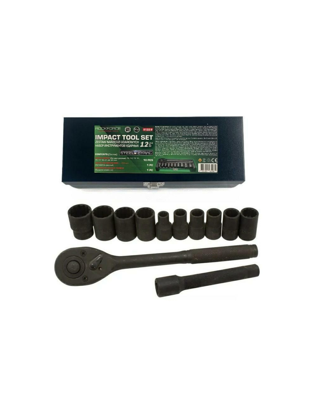 ROCKFORCE ZESTAW KLUCZY UDAROWYCH 12 elementów 1/2" 12KĄTNE (10-24mm)