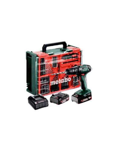 METABO wiertarka udarowa SB 18 Set Mobilny warsztat + 2 akumulatory Li-Ion 18V 2,0AHz ładowarką SC 30 + 74 elementów