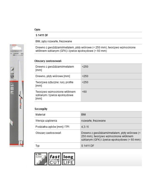 BOSCH BRZESZCZOT DO PIŁY SZABLASTEJ S1411DF 2szt.